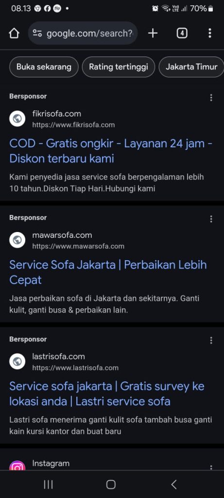Hasil tayangan iklan dengan kata kunci service sofa jakarta