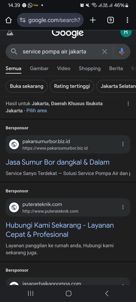 Tayangan iklan google ads dengan kata kunci service pompa air jakarta