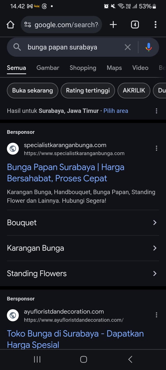 Tayngan iklan google dengan kata kunci bunga papan surabaya
