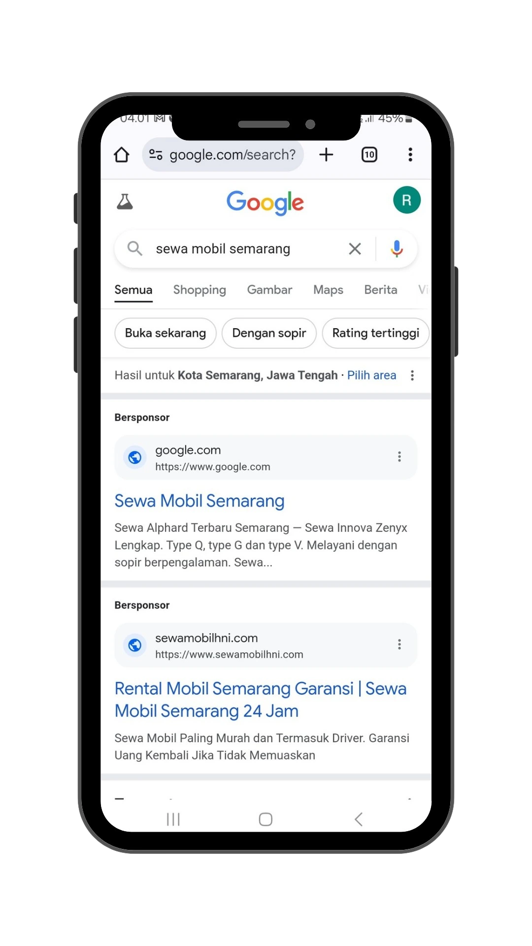 tayangan iklan google rental mobil semarang dengan kata kunci rental mobil semarang